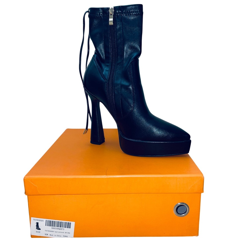 Matte Black Platform Pointed Toe Ankle Boots Flared Heel EU 38